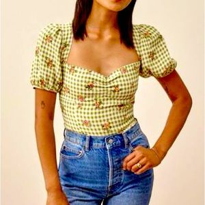 Reformation gingham and flower top w/puff sleeves